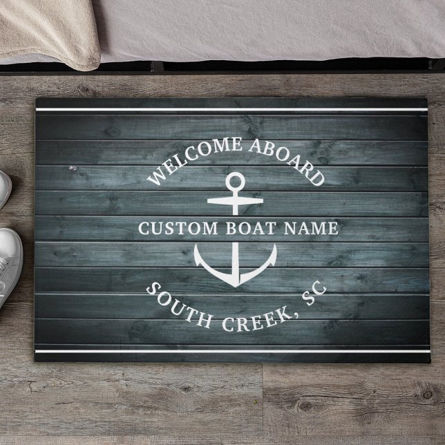 Custom Boat Name Driftwood Welcome Aboard Anchor Doormat (Creator Uploaded)