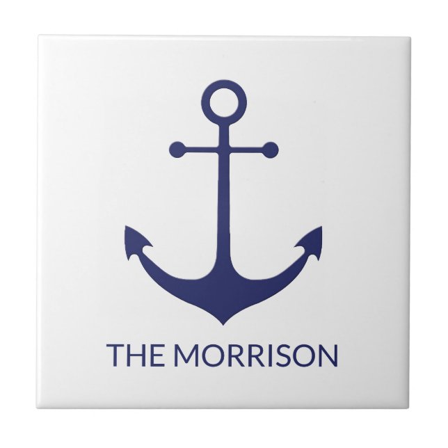 Custom Boat name nautical anchor navy blue white Ceramic Tile (Front)