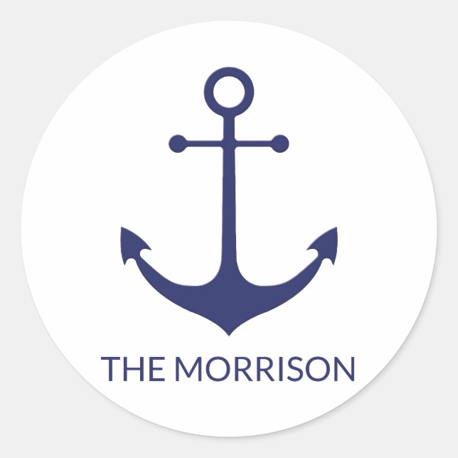 Custom Boat name nautical anchor navy blue white Classic Round Sticker (Front)