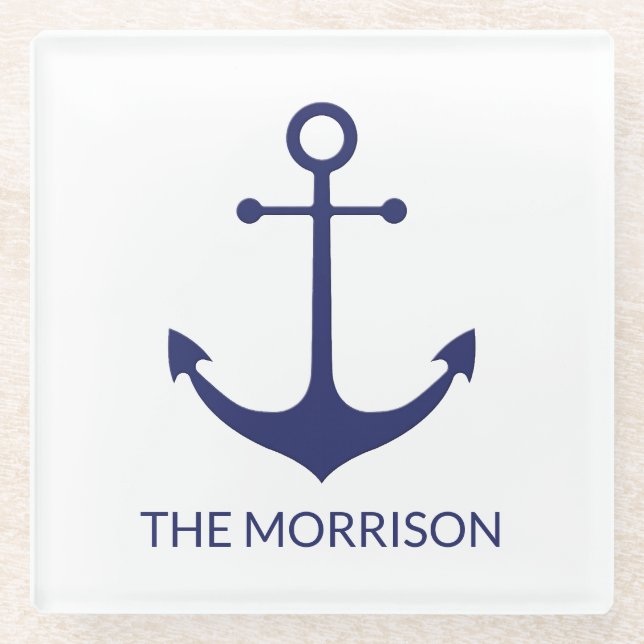 Custom Boat name nautical anchor navy blue white Glass Coaster (Front)