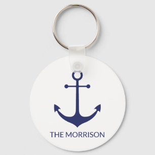 Custom Boat name nautical anchor navy blue white Key Ring