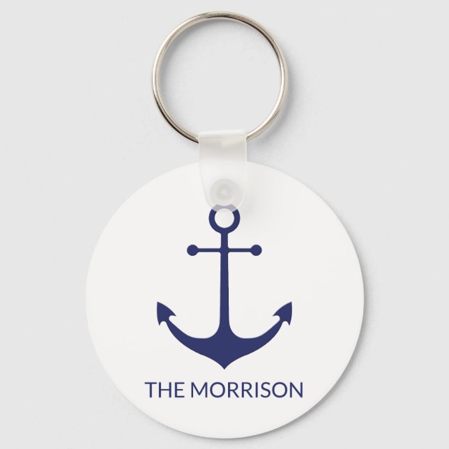 Custom Boat name nautical anchor navy blue white Key Ring (Front)