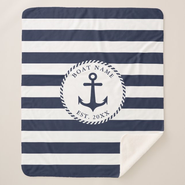 Custom Boat Name Nautical White Navy Blue Anchor Sherpa Blanket (Front)