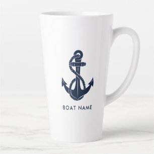 Custom Boat Name Navy Blue Nautical Anchor Latte Mug