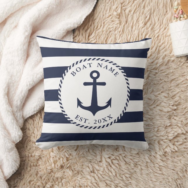 Custom Boat Name Navy Blue White Anchor Nautical Cushion (Blanket)