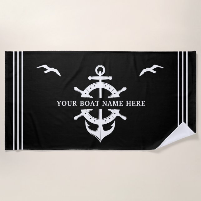 Custom Boat Name Ship’s Wheel Anchor Nautical Beach Towel (Front)