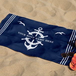 Custom Boat Name Ship’s Wheel Anchor Nautical Blue Beach Towel