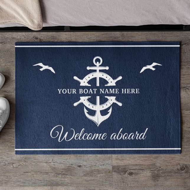 Custom Boat Name Ship’s Wheel Anchor Nautical Blue Doormat (Creator Uploaded)