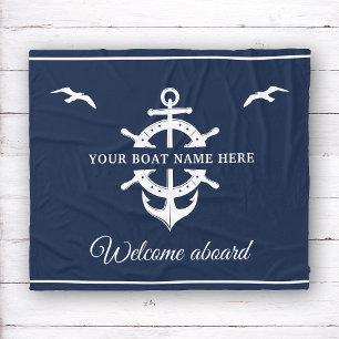 Custom Boat Name Ship’s Wheel Anchor Nautical Blue Fleece Blanket