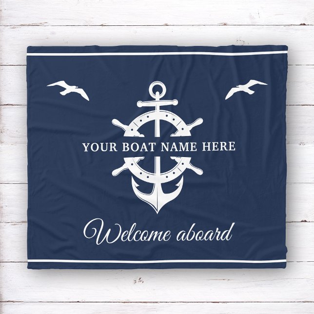 Custom Boat Name Ship’s Wheel Anchor Nautical Blue Fleece Blanket (Creator Uploaded)