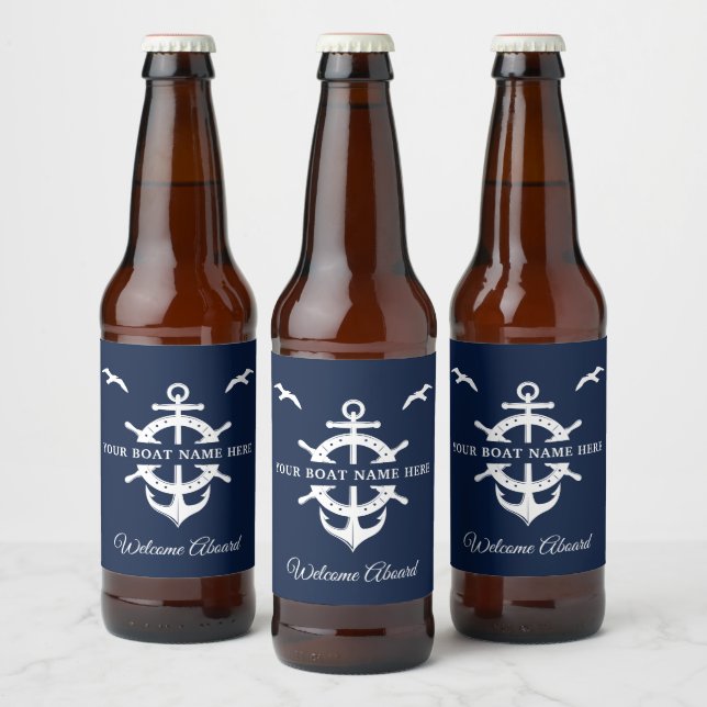 Custom Boat Name Ship’s Wheel Anchor Nautical Cool Beer Bottle Label (Bottles)