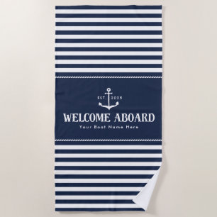 Custom Boat Name Striped Blue White Welcome Aboard Beach Towel