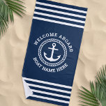 Custom boat name welcome aboard anchor and rope beach towel<br><div class="desc">Towel with your custom boat name and anchor with circular rope border and the text "Welcome aboard" or other custom text</div>