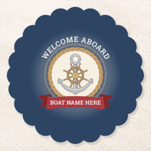 Custom boat name welcome aboard anchor and rope paper coaster