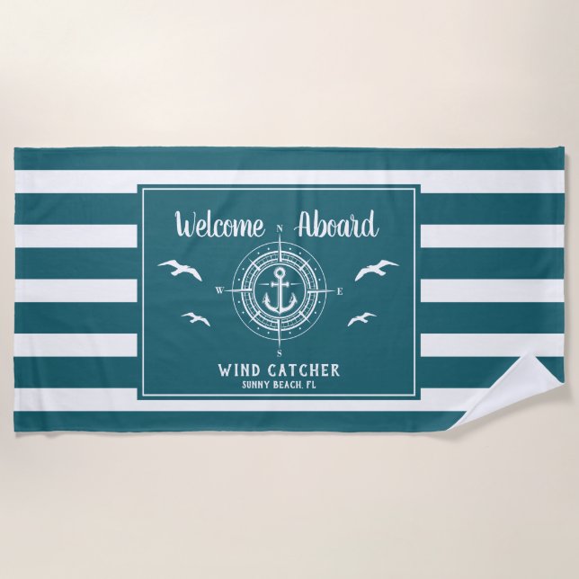 Custom Boat Name Welcome Aboard Anchor Beach Towel (Front)
