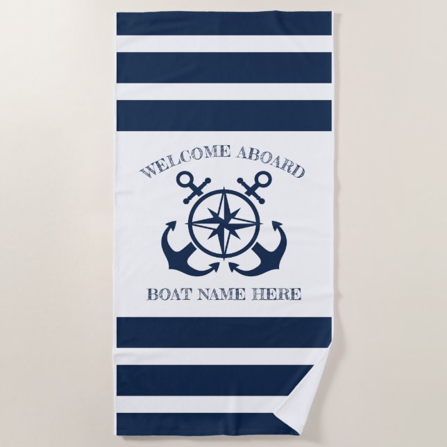 Custom Boat Name Welcome Aboard Anchor Beach Towel (Front)