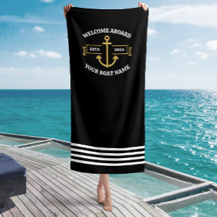 Custom Boat Name Welcome Aboard Black & Gold Beach Towel