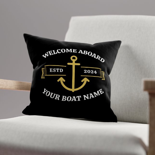 Custom Boat Name Welcome Aboard Black & Gold Cushion (Creator Uploaded)