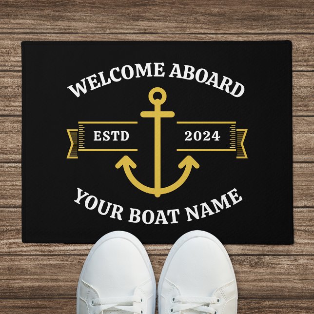 Custom Boat Name Welcome Aboard Black & Gold Doormat (Creator Uploaded)
