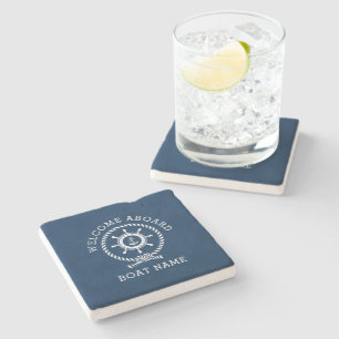 Custom Boat Name Welcome Aboard Blue And White Stone Coaster