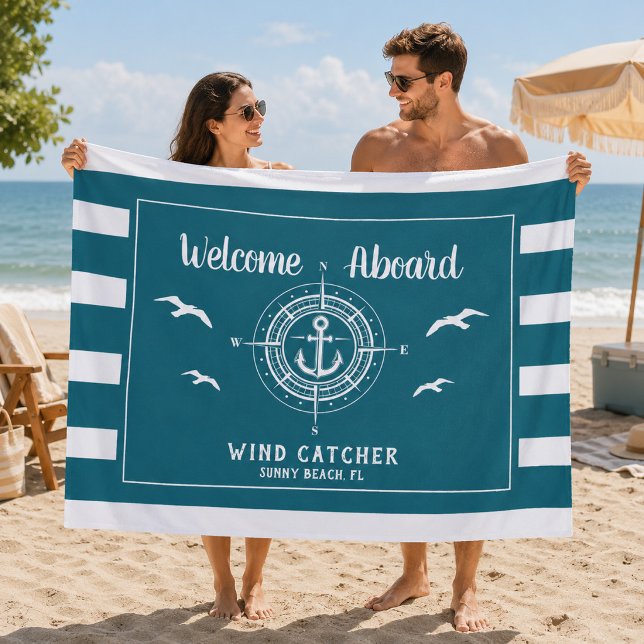 Custom Boat Name Welcome Aboard Compass Fleece Blanket (Creator Uploaded)