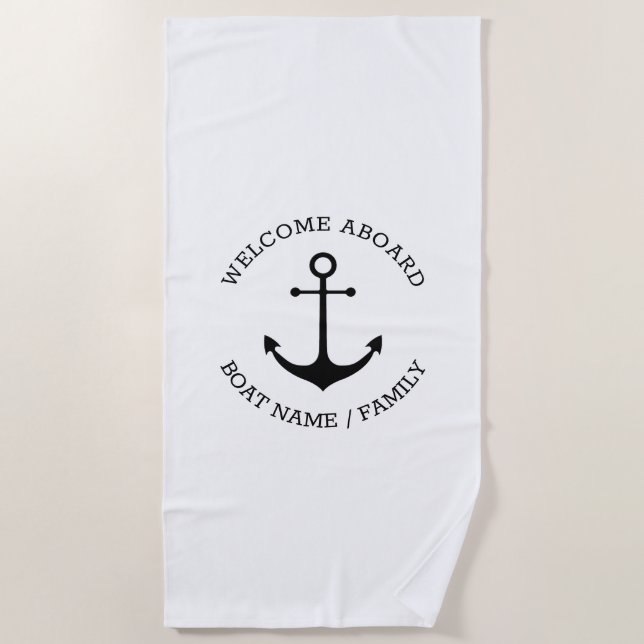 Custom Boat name Welcome Aboard nautical anchor Beach Towel (Front)