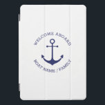 Custom Boat name Welcome Aboard nautical anchor iPad Pro Cover<br><div class="desc">Custom Boat name or Family name,  Welcome Aboard,  nautical navy blue anchor and text white iPad Pro Cover
Customise text nautical sailing text,  captain name,  boat name,  family name,  etc
great for sailors,  boaters,  sailing and boating 
Happy sailing!</div>