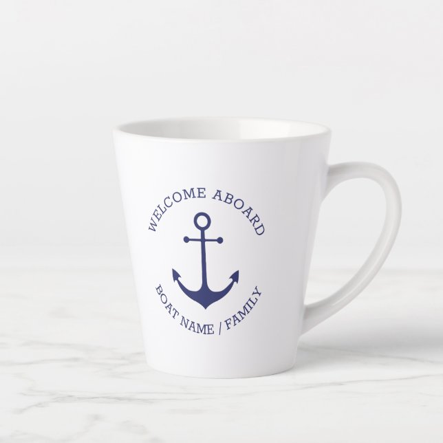 Custom Boat name Welcome Aboard nautical anchor Latte Mug (Right)