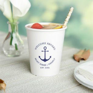 Custom Boat name Welcome Aboard nautical anchor Paper Cups