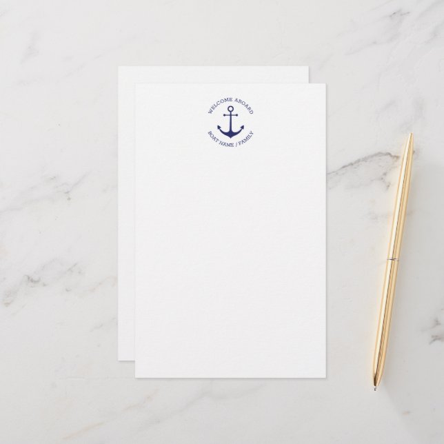 Custom Boat name Welcome Aboard nautical anchor Stationery (Front/Back In Situ)