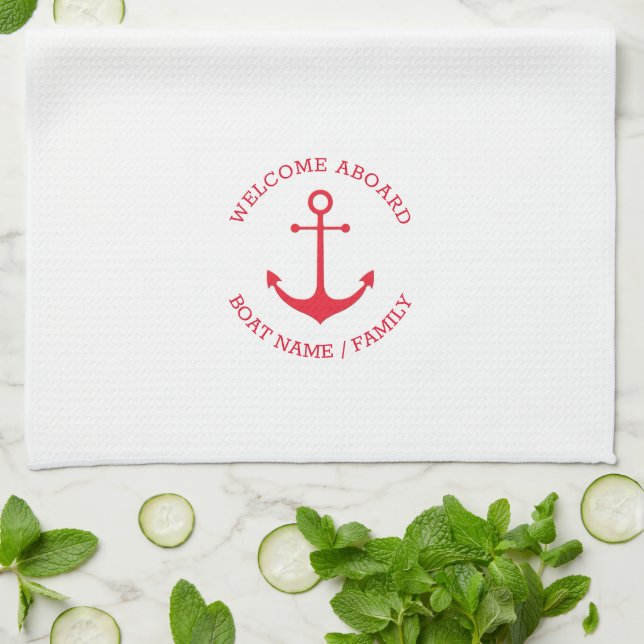 Custom Boat name Welcome Aboard nautical anchor Tea Towel (Folded)