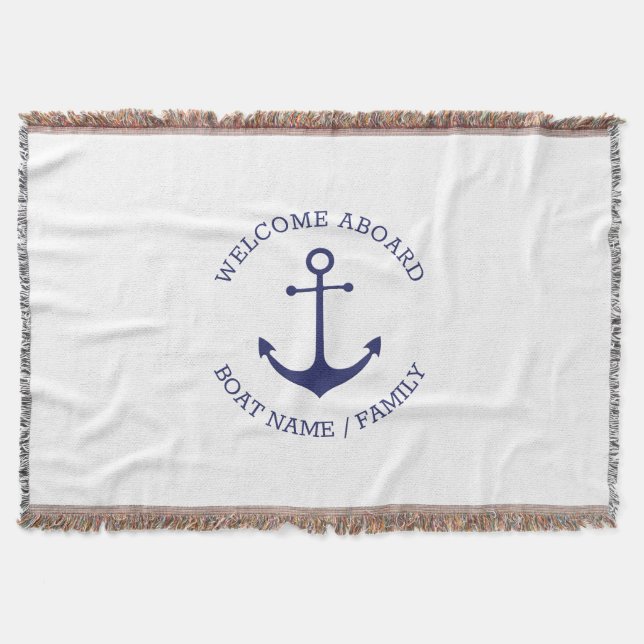 Custom Boat name Welcome Aboard nautical anchor Throw Blanket (Front)