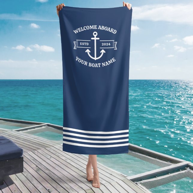 Custom Boat Name Welcome Aboard Navy Blue Anchor Beach Towel (Creator Uploaded)
