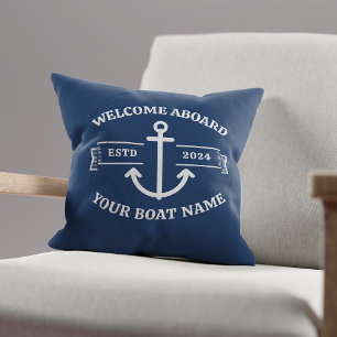 Custom Boat Name Welcome Aboard Navy Blue Anchor Cushion