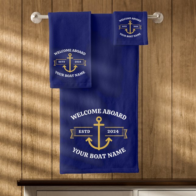 Custom Boat Name Welcome Aboard Navy Blue & Gold Bath Towel Set (Creator Uploaded)