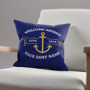 Custom Boat Name Welcome Aboard Navy Blue & Gold Cushion