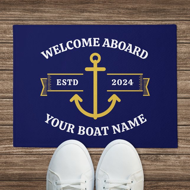 Custom Boat Name Welcome Aboard Navy Blue Gold Doormat (Creator Uploaded)