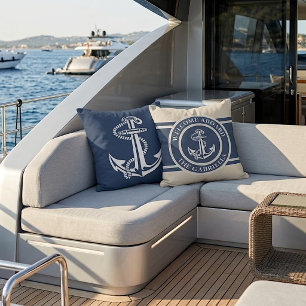 Custom Boat Name White Anchor On Sand Taupe Beige Cushion