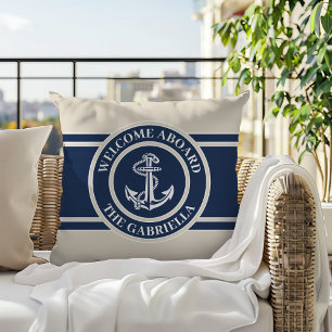 Custom Boat Name White Anchor On Sand Taupe Beige Cushion