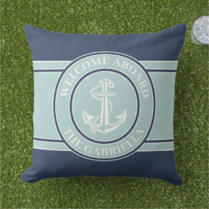 Custom Boat Name White Anchor On Seafoam Green Cushion