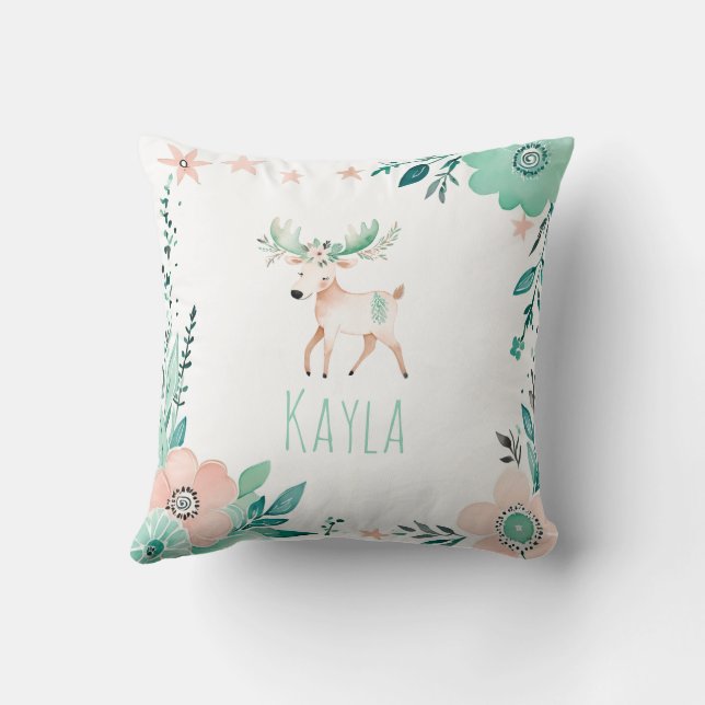 Custom Boho Baby Moose Pillow Pastel Green  (Back)