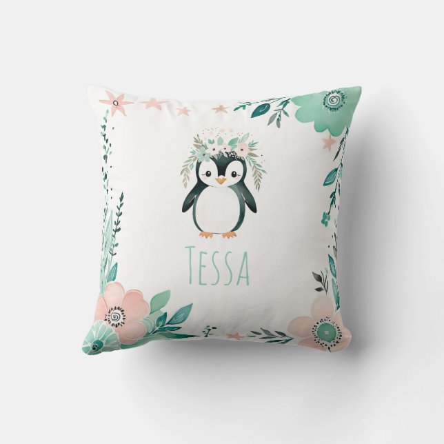 Custom Boho Baby Penguin Pillow Pastel Green  (Back)