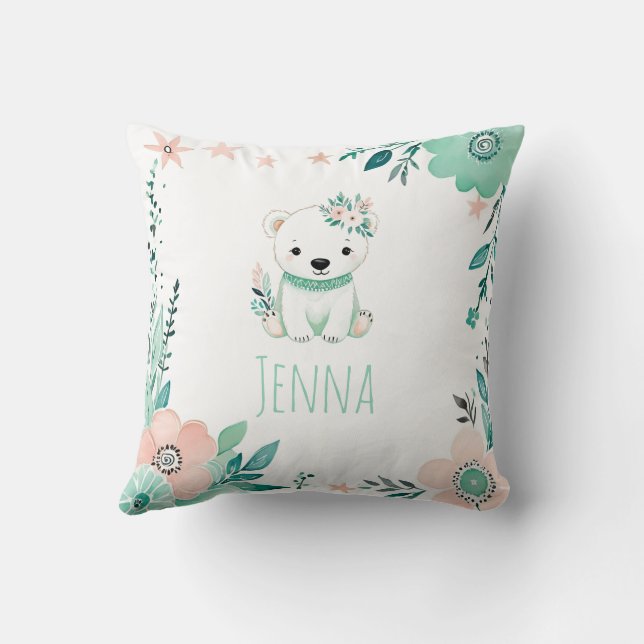 Custom Boho Baby Polar Bear Pillow Pastel Green  (Back)