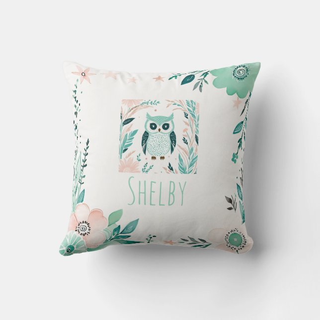 Custom Boho Cute Owl Pillow Pastel Green  (Back)