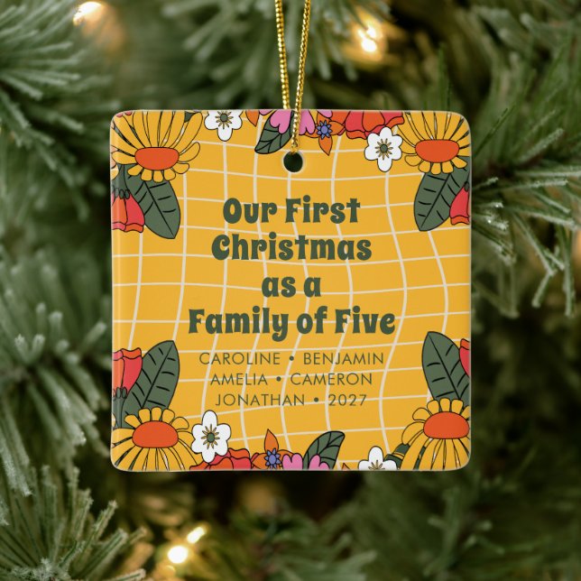 Custom Boho Groovy First Christmas Family of Five  Ceramic Ornament (Tree)