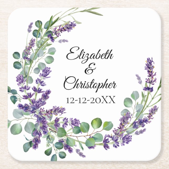 Custom Boho Lavender Eucalyptus Wedding Square Paper Coaster (Front)