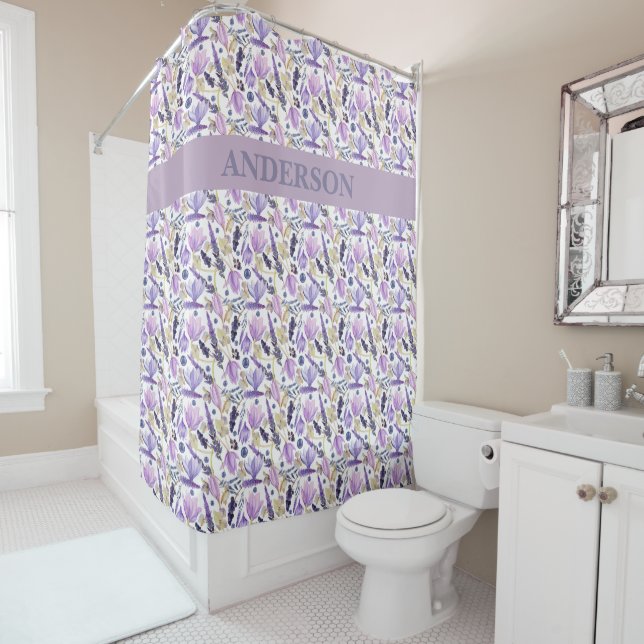 Custom Boho Lavender Flowers Print Shower Curtain (In Situ)