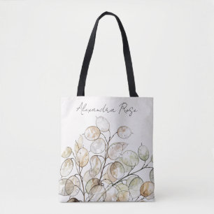 Custom Boho Lunaria Watercolor Botanical Floral Tote Bag