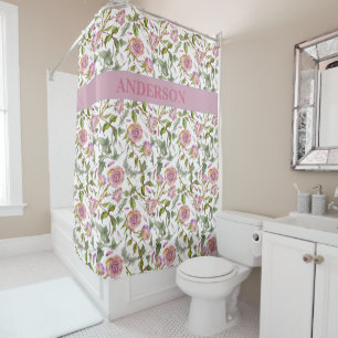 Custom Boho Pink Roses Flowers Print Shower Curtain