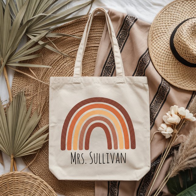Custom Boho Rainbow Tote Bag Gift for Teachers (Whimsical Rainbow Name Tote Bag Gift for Teacher, Custom Boho Tote Bag Gift for Wife or Bride)